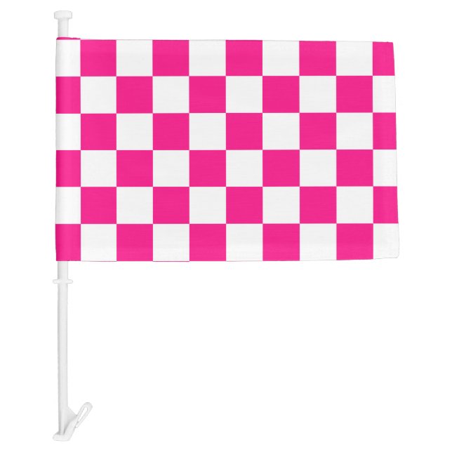 Checkered squares hot pink white geometric retro car flag (Front)