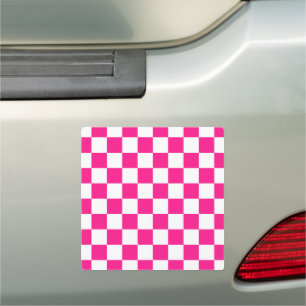 Checkered squares hot pink white geometric retro car magnet
