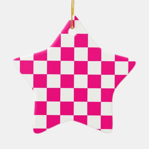 Checkered squares hot pink white geometric retro ceramic ornament