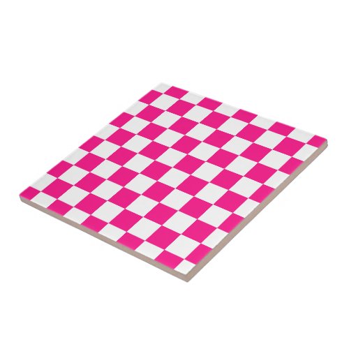 Checkered squares hot pink white geometric retro ceramic tile