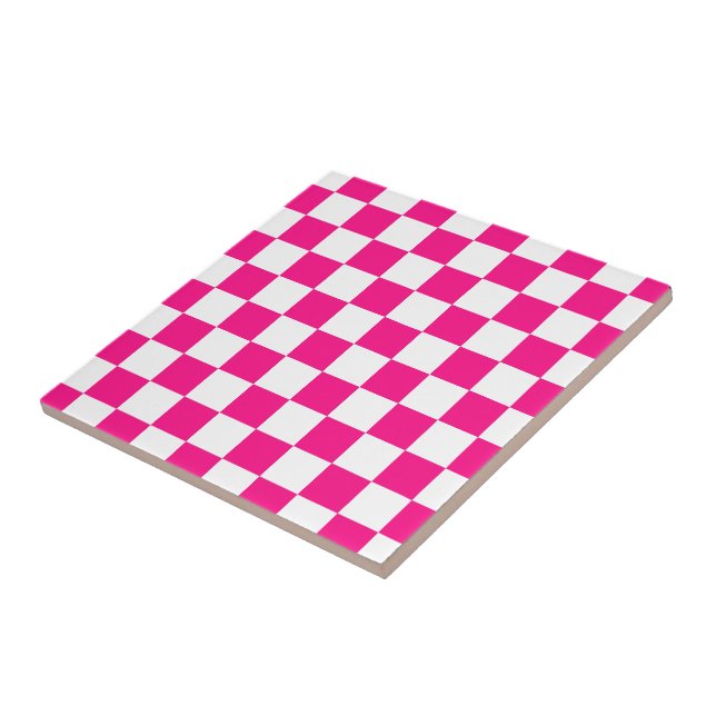 Checkered squares hot pink white geometric retro ceramic tile (Side)