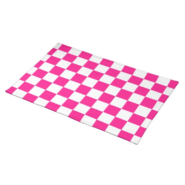 Checkered squares hot pink white geometric retro cloth placemat (On Table)