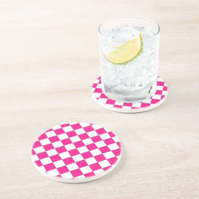 Checkered squares hot pink white geometric retro coaster (Side)