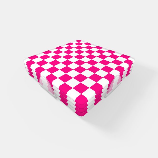 Checkered squares hot pink white geometric retro coaster set (Set)