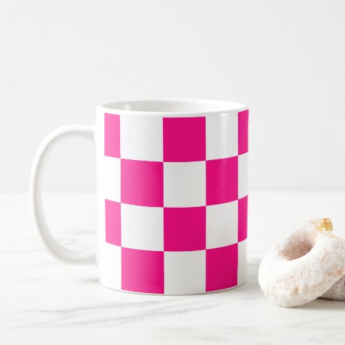 Checkered squares hot pink white geometric retro coffee mug
