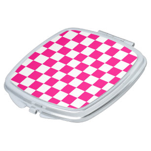 Checkered squares hot pink white geometric retro compact mirror