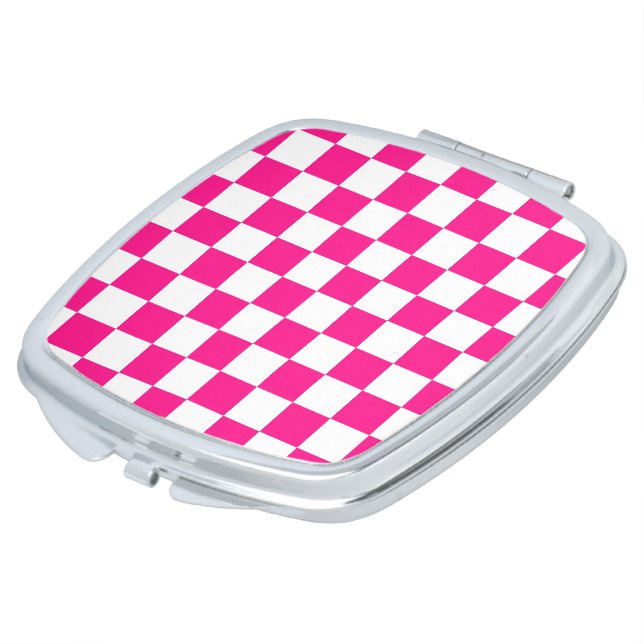Checkered squares hot pink white geometric retro compact mirror (Turned)
