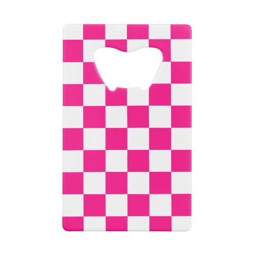 Checkered squares hot pink white geometric retro credit card bottle opener