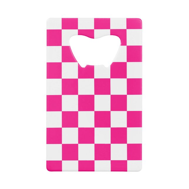 Checkered squares hot pink white geometric retro credit card bottle opener (Front)