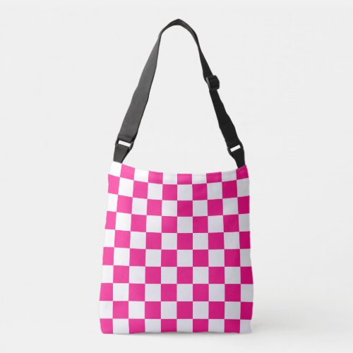 Checkered squares hot pink white geometric retro crossbody bag