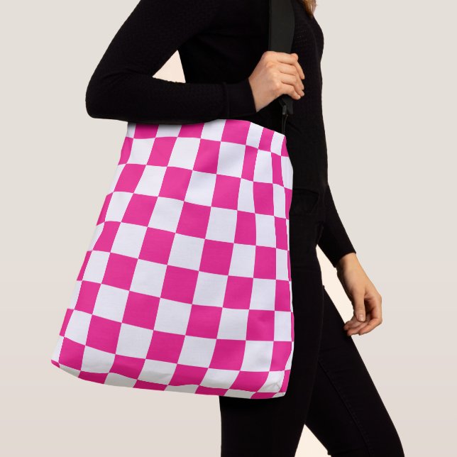 Checkered squares hot pink white geometric retro crossbody bag (Close Up)