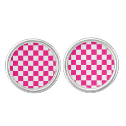 Checkered squares hot pink white geometric retro cufflinks