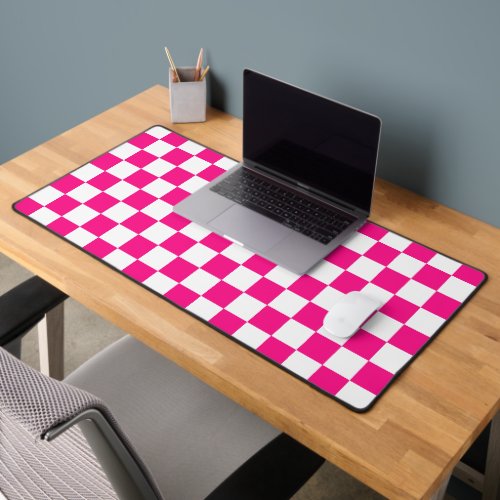 Checkered squares hot pink white geometric retro desk mat