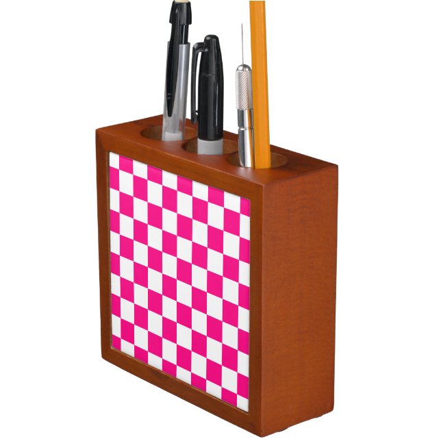 Checkered squares hot pink white geometric retro desk organizer (In Situ)