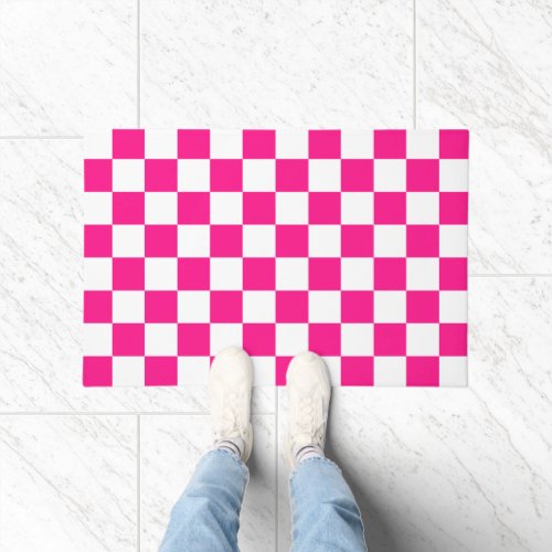 Checkered squares hot pink white geometric retro doormat