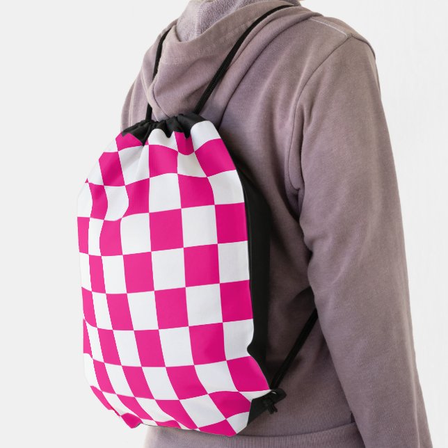Checkered squares hot pink white geometric retro drawstring bag (Insitu)