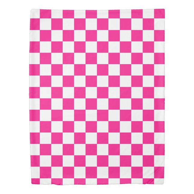 Checkered squares hot pink white geometric retro duvet cover (Front)