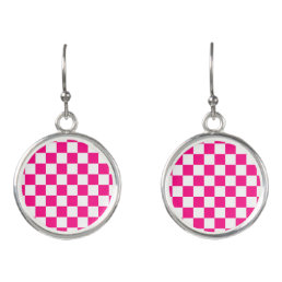 Checkered squares hot pink white geometric retro earrings