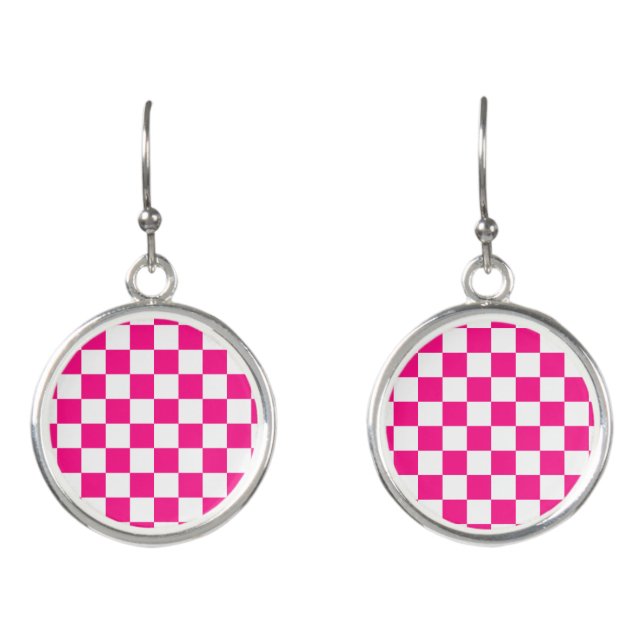 Checkered squares hot pink white geometric retro earrings (Front)