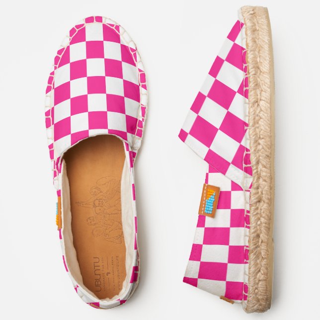 Checkered squares hot pink white geometric retro espadrilles (Side)