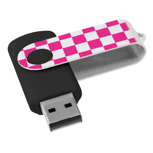 Checkered squares hot pink white geometric retro flash drive (Angled)
