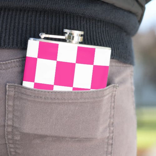 Checkered squares hot pink white geometric retro flask