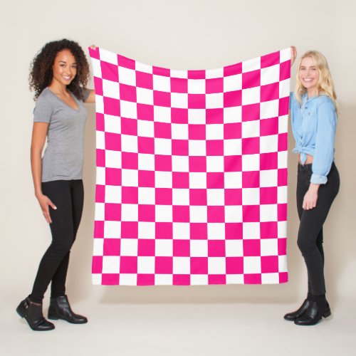 Checkered squares hot pink white geometric retro fleece blanket