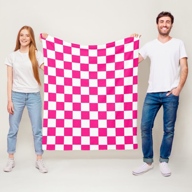 Checkered squares hot pink white geometric retro fleece blanket (In Situ)