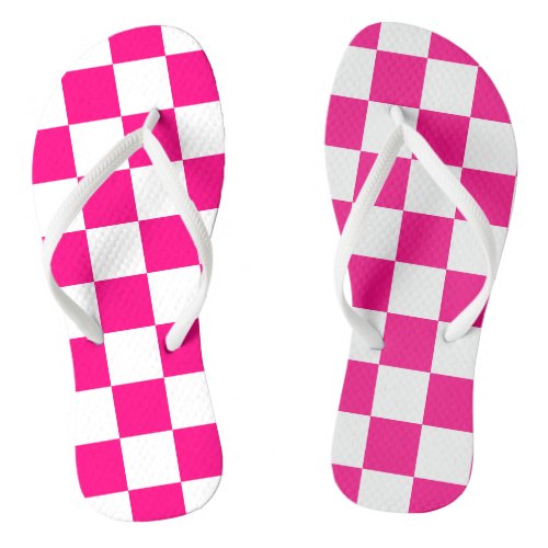 Checkered squares hot pink white geometric retro flip flops