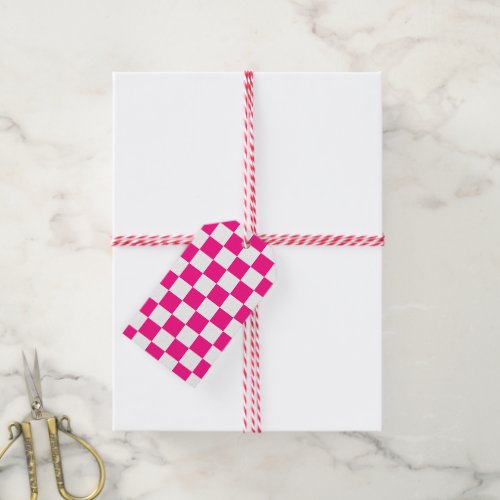 Checkered squares hot pink white geometric retro gift tags
