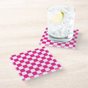 Checkered squares hot pink white geometric retro glass coaster