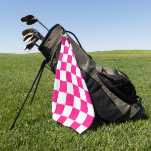 Checkered squares hot pink white geometric retro golf towel