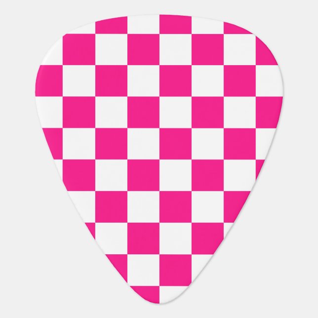 Checkered squares hot pink white geometric retro guitar pick (Front)