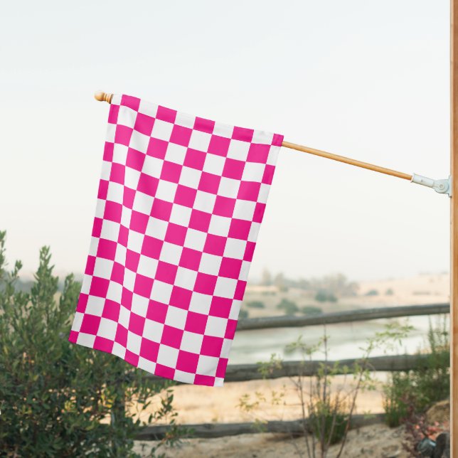 Checkered squares hot pink white geometric retro house flag (Insitu (Back))