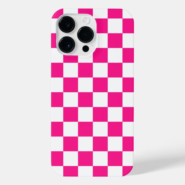 Checkered squares hot pink white geometric retro iPhone case (Back)