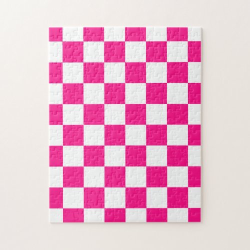 Checkered squares hot pink white geometric retro jigsaw puzzle