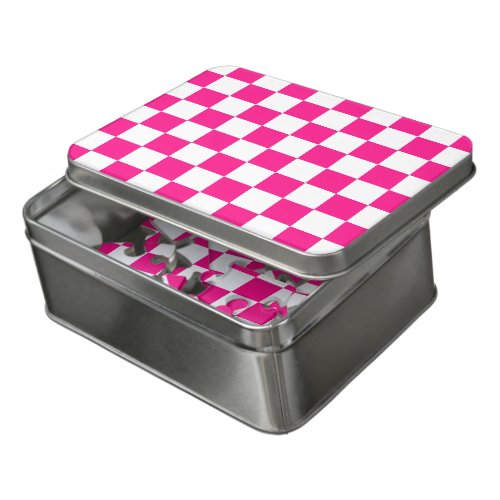 Checkered squares hot pink white geometric retro jigsaw puzzle