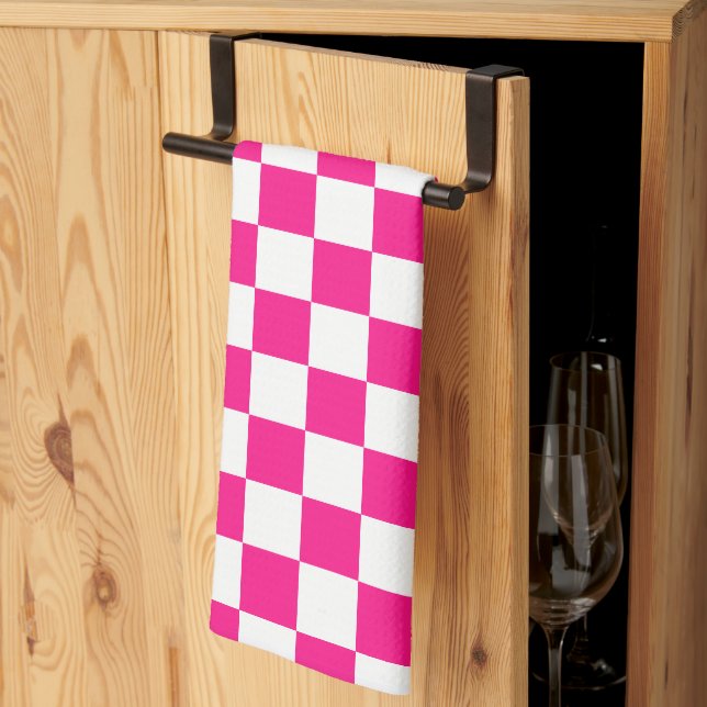 Checkered squares hot pink white geometric retro kitchen towel (Thirds Fold)