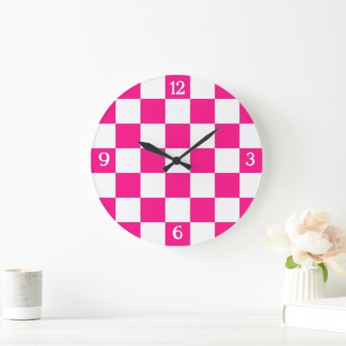 Checkered squares hot pink white geometric retro large clock