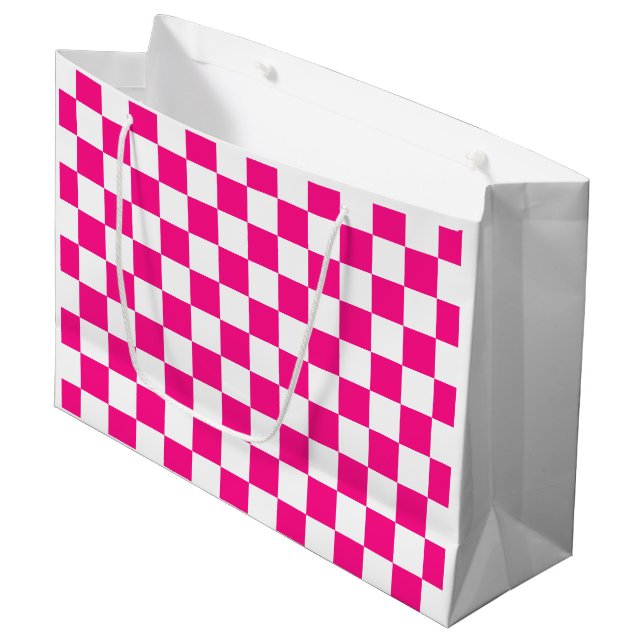 Checkered squares hot pink white geometric retro large gift bag (Front Angled)