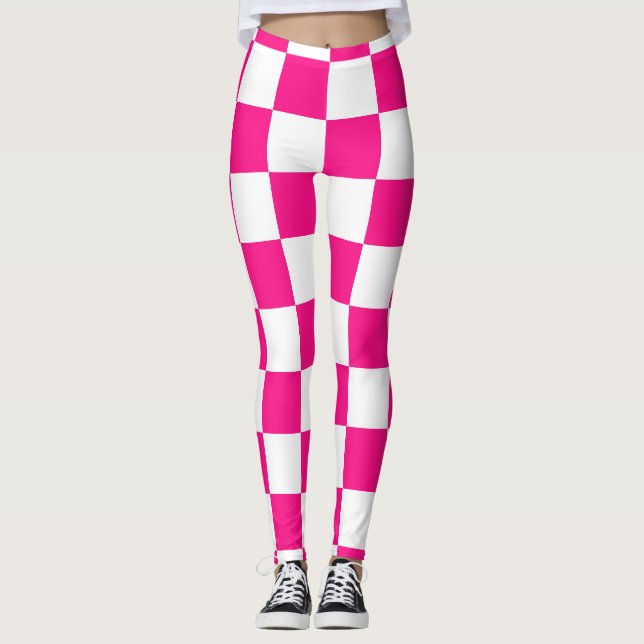 Checkered squares hot pink white geometric retro leggings (Front)