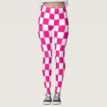Checkered Squares Hot Pink White Geometric Retro Leggings by PLdesign at Zazzle