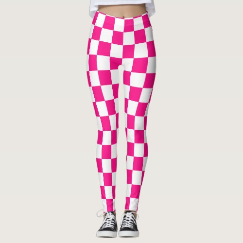 Checkered squares hot pink white geometric retro leggings