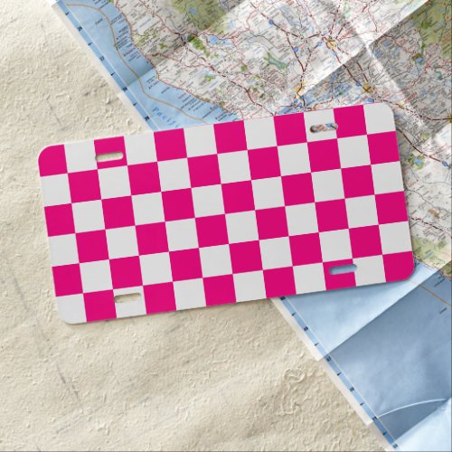 Checkered squares hot pink white geometric retro license plate