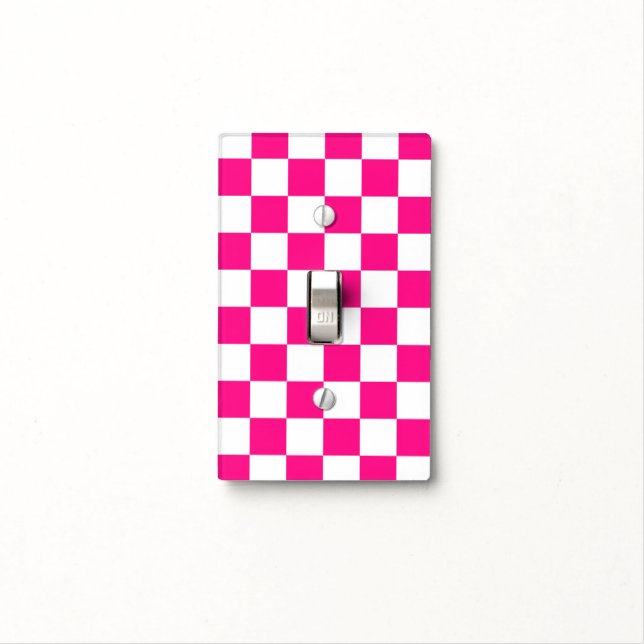 Checkered squares hot pink white geometric retro light switch cover (In Situ)
