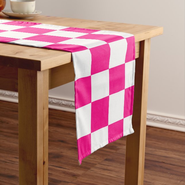 Checkered squares hot pink white geometric retro long table runner (In Situ)