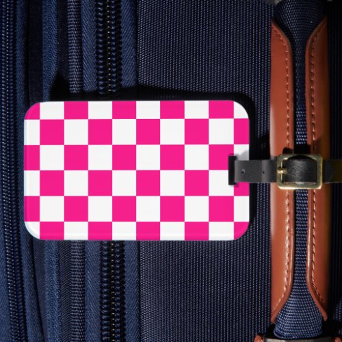 Checkered squares hot pink white geometric retro luggage tag