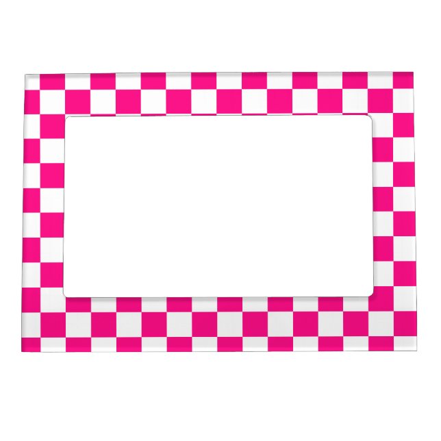 Checkered squares hot pink white geometric retro magnetic frame (Front)