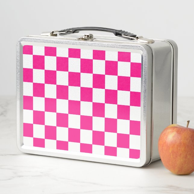 Checkered squares hot pink white geometric retro metal lunch box (In Situ)
