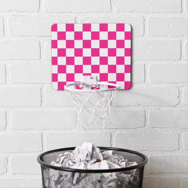 Checkered squares hot pink white geometric retro mini basketball hoop (In Situ)